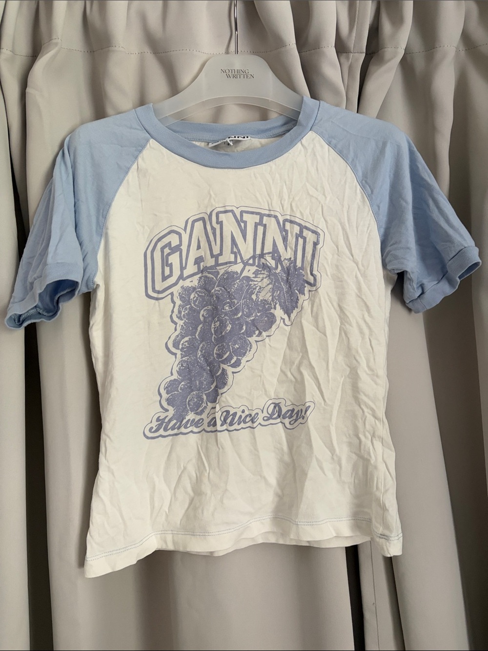 Ganni Tee in Light Blue and White with Grape Graphic